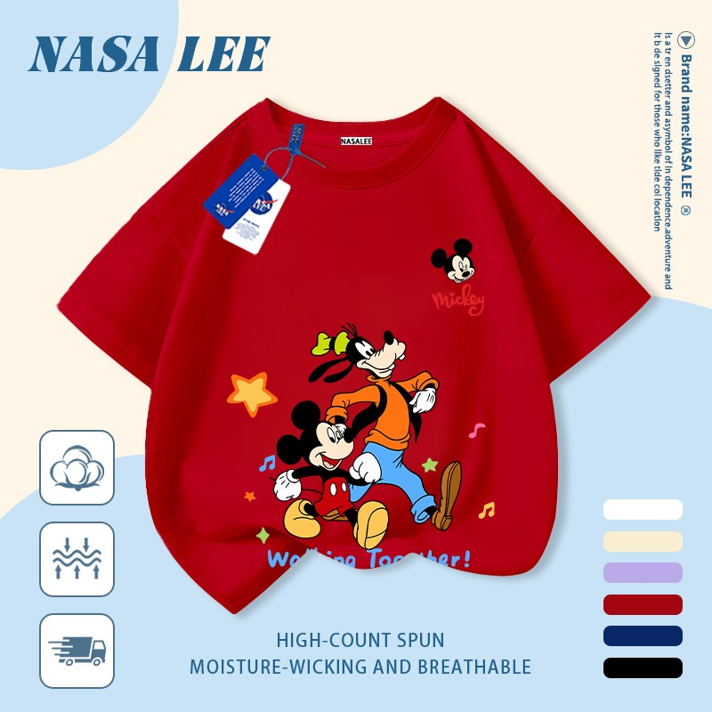 [Giao hàng trong ngày] Áo thun Cotton trắng nguyên chất thoáng khí cho trẻ em NASA Chuột Mickey In hình hợp thời trang bé trai 3-16 tuổi bé gái tay ngắn thông thường 1