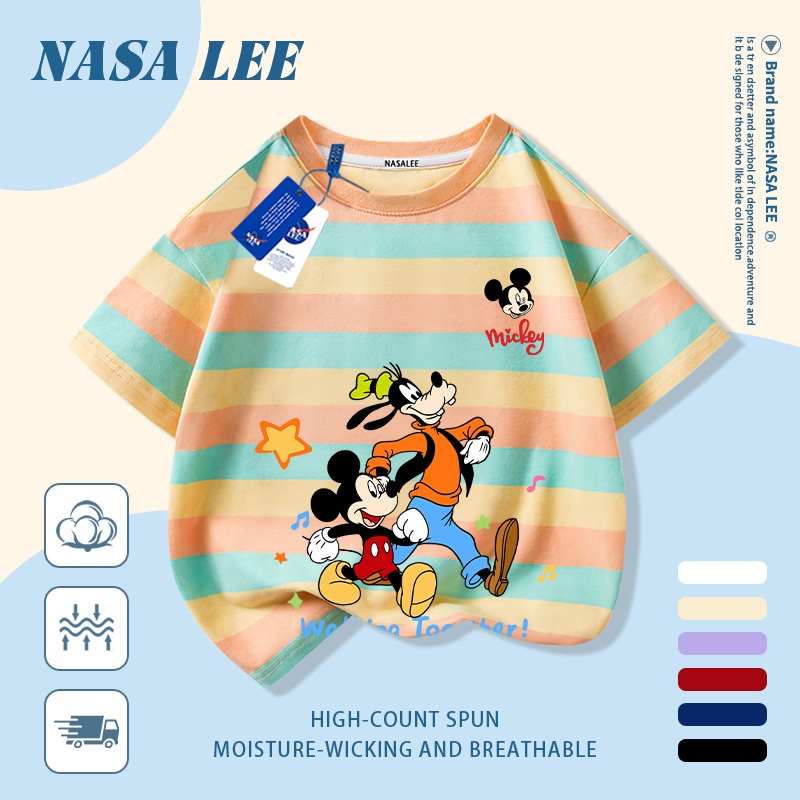 [Giao hàng trong ngày] Áo thun Cotton trắng nguyên chất thoáng khí cho trẻ em NASA Chuột Mickey In hình hợp thời trang bé trai 3-16 tuổi bé gái tay ngắn thông thường 1