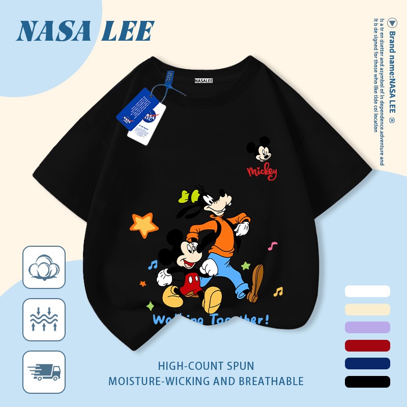 [Giao hàng trong ngày] Áo thun Cotton trắng nguyên chất thoáng khí cho trẻ em NASA Chuột Mickey In hình hợp thời trang bé trai 3-16 tuổi bé gái tay ngắn thông thường 1