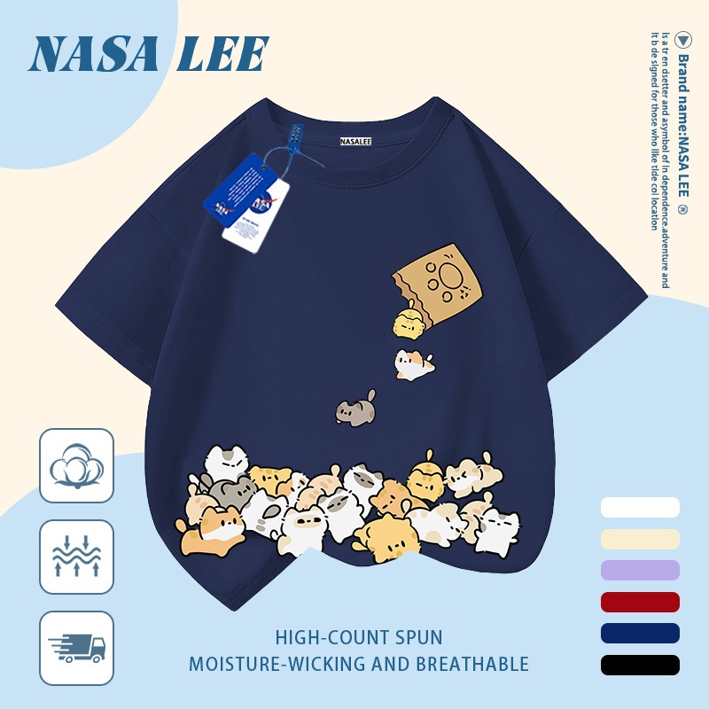 [Giao hàng trong ngày] Áo thun Cotton nguyên chất màu trắng cho trẻ em NASA Áo thun Cotton thoáng khí hoạt hình Mèo con in hợp thời trang 3-16 tuổi Bé trai bé gái tay ngắn thông thường 1