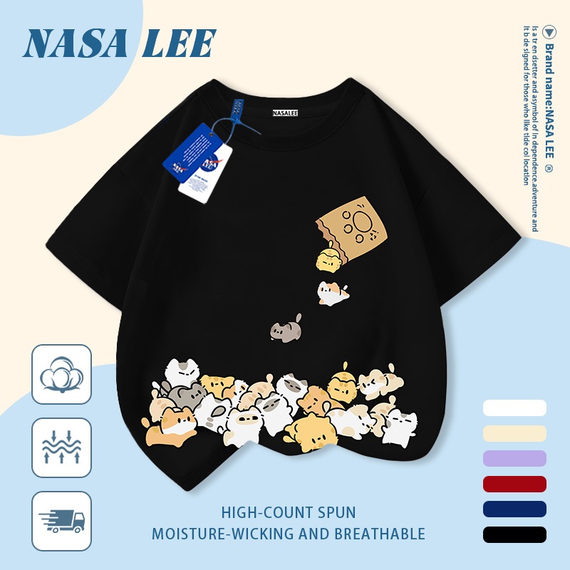 [Giao hàng trong ngày] Áo thun Cotton nguyên chất màu trắng cho trẻ em NASA Áo thun Cotton thoáng khí hoạt hình Mèo con in hợp thời trang 3-16 tuổi Bé trai bé gái tay ngắn thông thường 1