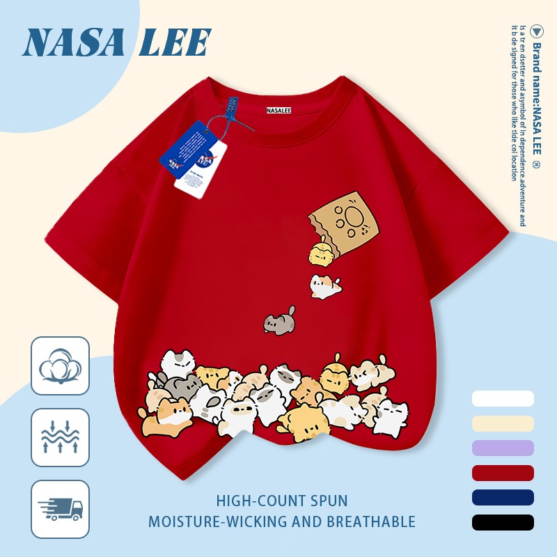[Giao hàng trong ngày] Áo thun Cotton nguyên chất màu trắng cho trẻ em NASA Áo thun Cotton thoáng khí hoạt hình Mèo con in hợp thời trang 3-16 tuổi Bé trai bé gái tay ngắn thông thường 1