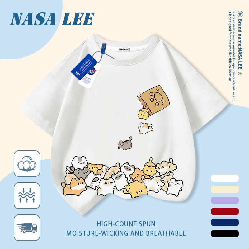 [Giao hàng trong ngày] Áo thun Cotton nguyên chất màu trắng cho trẻ em NASA Áo thun Cotton thoáng khí hoạt hình Mèo con in hợp thời trang 3-16 tuổi Bé trai bé gái tay ngắn thông thường 1