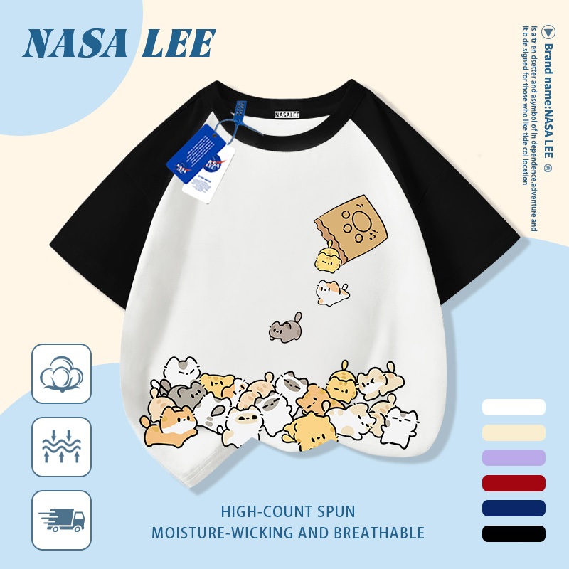 [Giao hàng trong ngày] Áo thun Cotton nguyên chất màu trắng cho trẻ em NASA Áo thun Cotton thoáng khí hoạt hình Mèo con in hợp thời trang 3-16 tuổi Bé trai bé gái tay ngắn thông thường 1