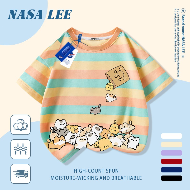 [Giao hàng trong ngày] Áo thun Cotton nguyên chất màu trắng cho trẻ em NASA Áo thun Cotton thoáng khí hoạt hình Mèo con in hợp thời trang 3-16 tuổi Bé trai bé gái tay ngắn thông thường 1
