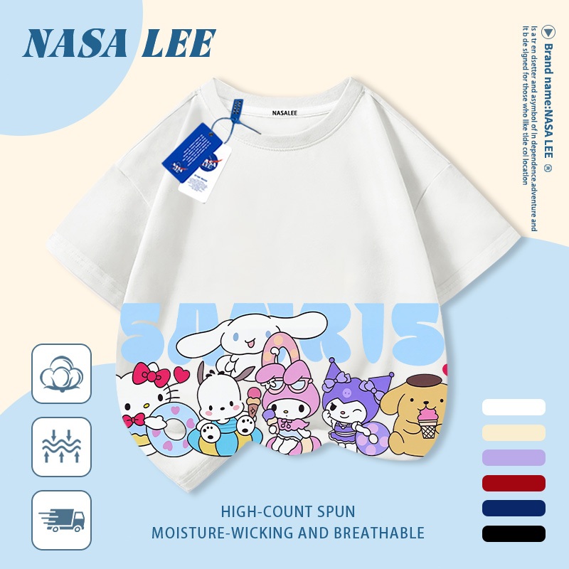 [Giao hàng trong ngày] Áo thun Cotton thoáng khí màu trắng cho trẻ em NASA Sanrio In hợp thời trang bé trai 3-16 tuổi bé gái tay ngắn thông thường