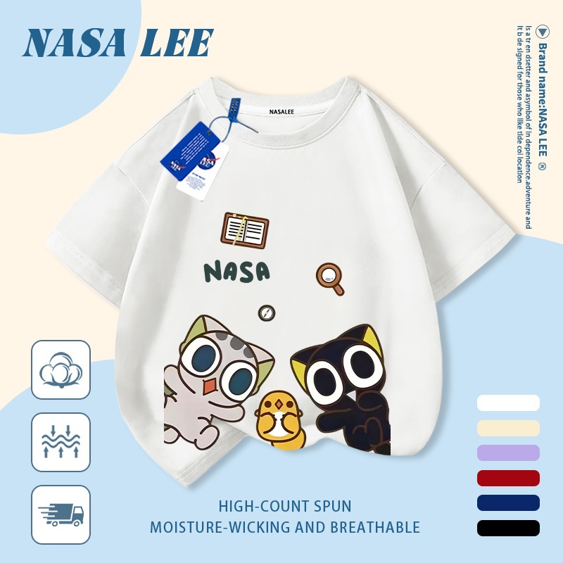 [Giao hàng trong ngày] Áo thun Cotton trắng nguyên chất thoáng khí cho trẻ em NASA Luo Xiaohei in hình hợp thời trang bé trai 3-16 tuổi bé gái tay ngắn thông thường