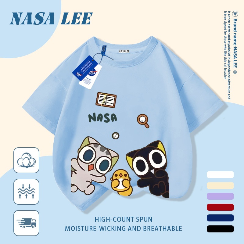 [Giao hàng trong ngày] Áo thun Cotton trắng nguyên chất thoáng khí cho trẻ em NASA Luo Xiaohei in hình hợp thời trang bé trai 3-16 tuổi bé gái tay ngắn thông thường