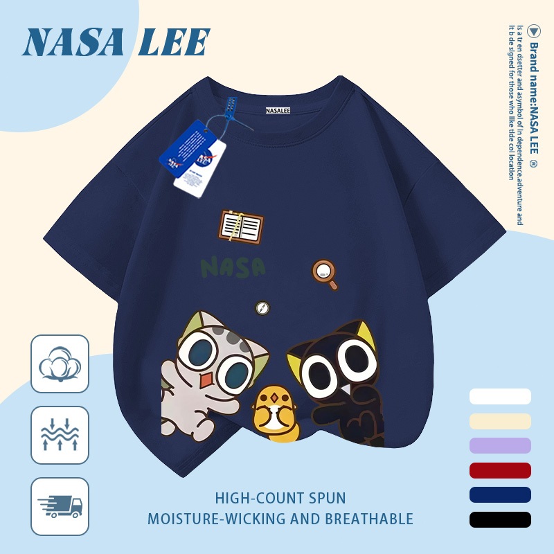 [Giao hàng trong ngày] Áo thun Cotton trắng nguyên chất thoáng khí cho trẻ em NASA Luo Xiaohei in hình hợp thời trang bé trai 3-16 tuổi bé gái tay ngắn thông thường