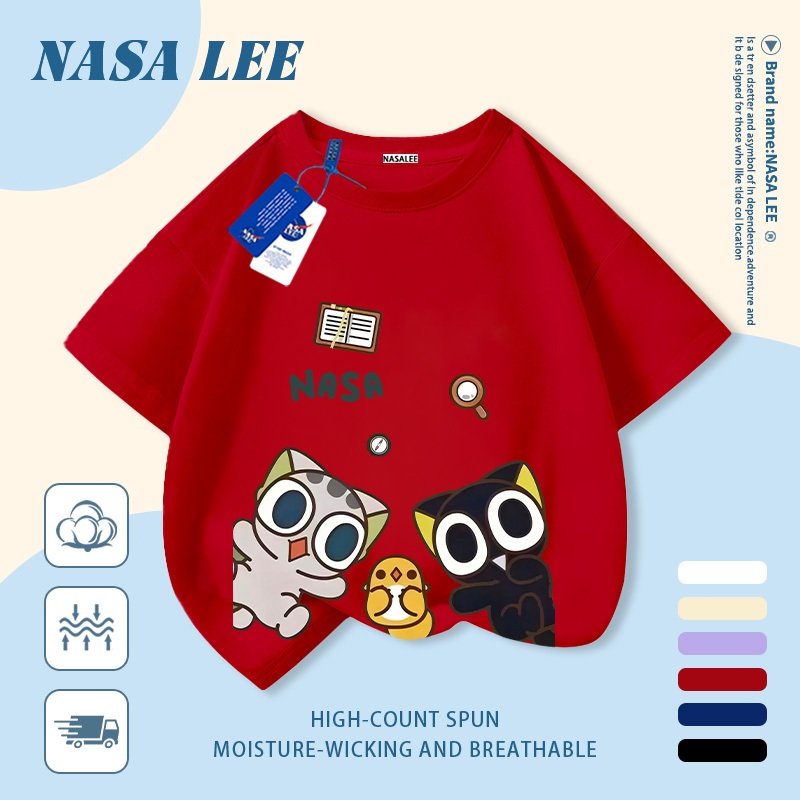 [Giao hàng trong ngày] Áo thun Cotton trắng nguyên chất thoáng khí cho trẻ em NASA Luo Xiaohei in hình hợp thời trang bé trai 3-16 tuổi bé gái tay ngắn thông thường