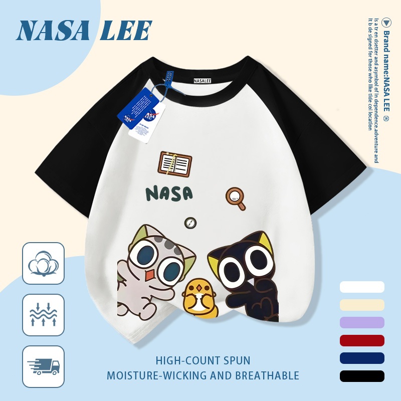 [Giao hàng trong ngày] Áo thun Cotton trắng nguyên chất thoáng khí cho trẻ em NASA Luo Xiaohei in hình hợp thời trang bé trai 3-16 tuổi bé gái tay ngắn thông thường