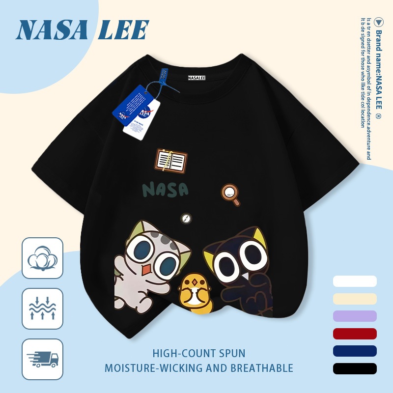 [Giao hàng trong ngày] Áo thun Cotton trắng nguyên chất thoáng khí cho trẻ em NASA Luo Xiaohei in hình hợp thời trang bé trai 3-16 tuổi bé gái tay ngắn thông thường