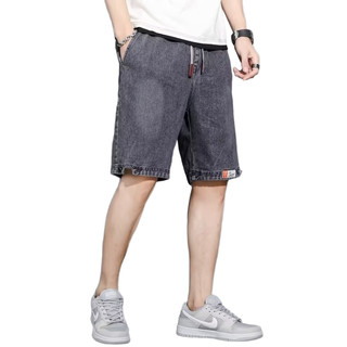 Quần Short Jean Nam Xám Khói Dây Rút Lưng Cao, Quần Bò Ngắn 5 Phân In Chữ Bên Chân Lật Gấu Tay Thời Trang Streetwear Mùa Hè