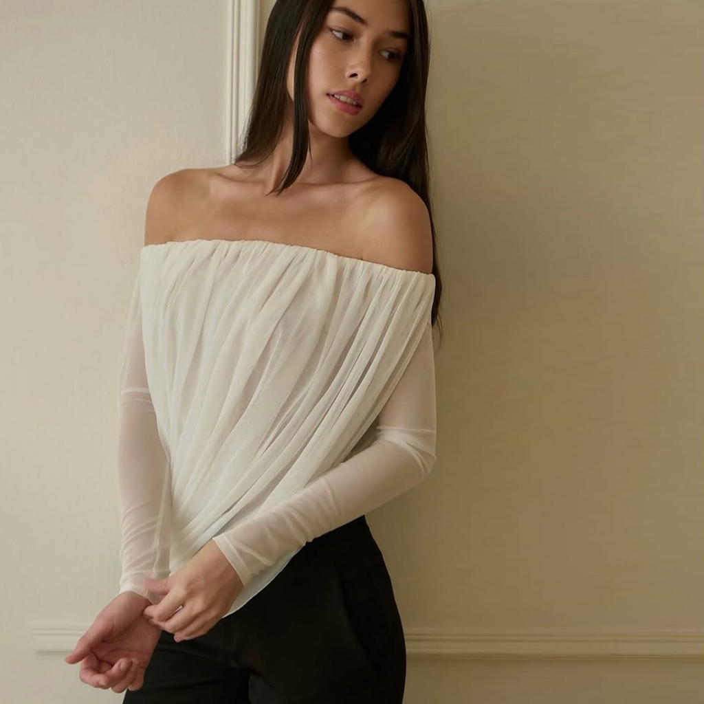 Áo sơ mi tay dài ruched lưới nữ, style vintage phù hợp mùa hè