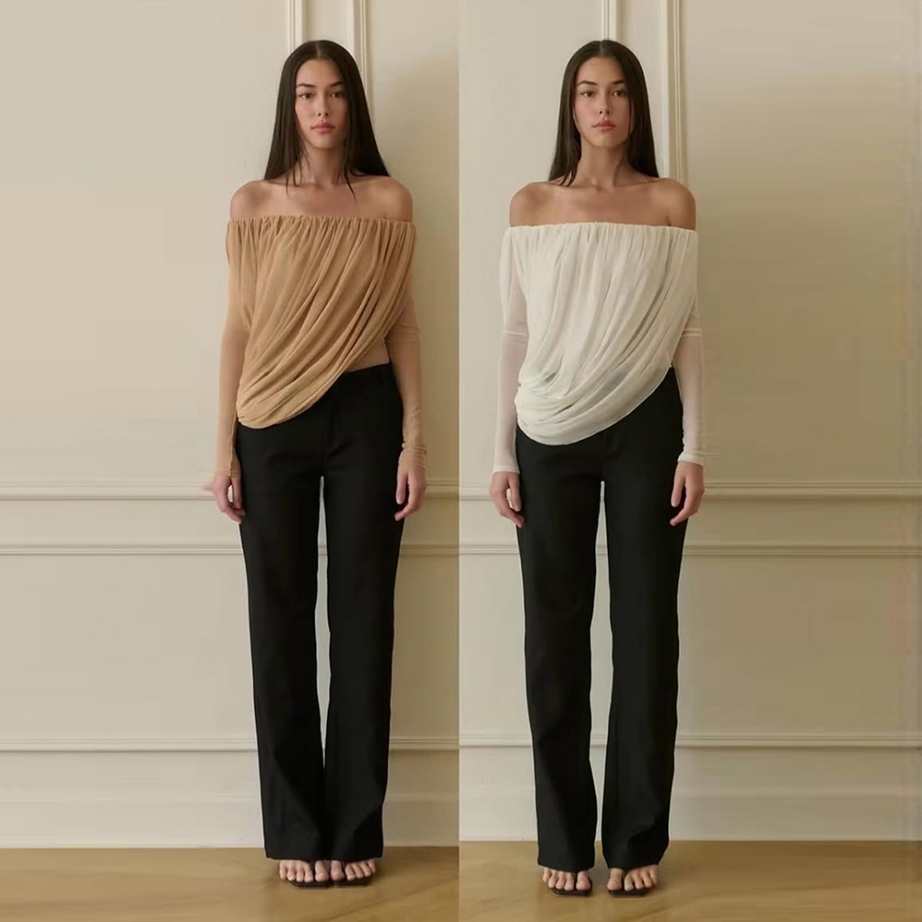 Áo sơ mi tay dài ruched lưới nữ, style vintage phù hợp mùa hè