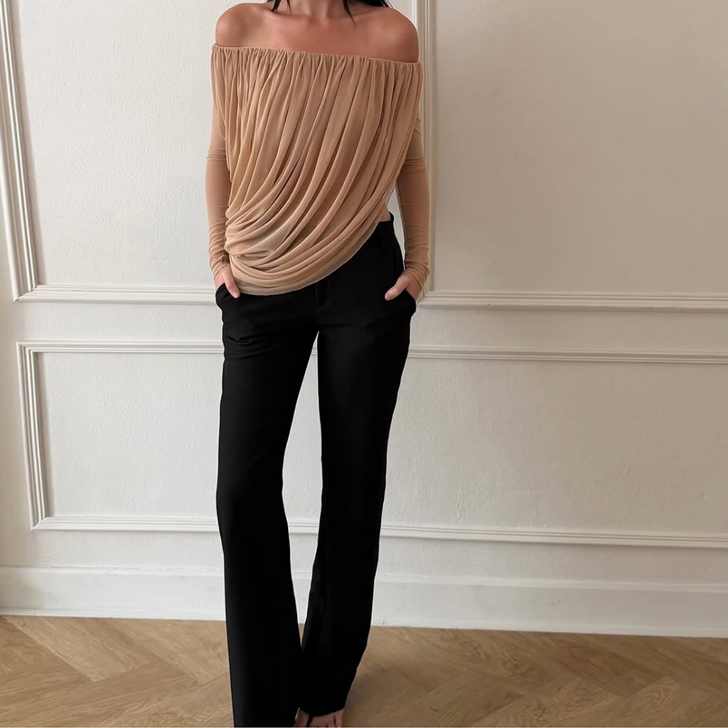 Áo sơ mi tay dài ruched lưới nữ, style vintage phù hợp mùa hè