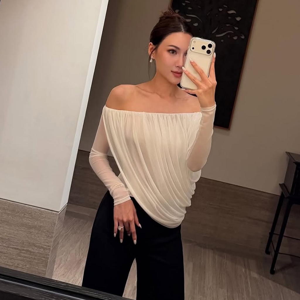 Áo sơ mi tay dài ruched lưới nữ, style vintage phù hợp mùa hè