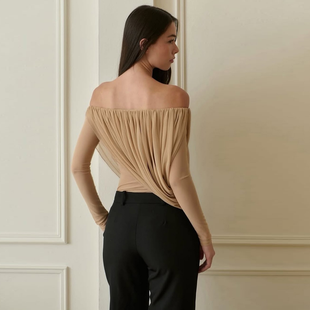 Áo sơ mi tay dài ruched lưới nữ, style vintage phù hợp mùa hè
