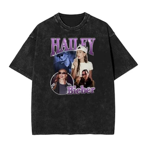 Ca sĩ HAILEY BIEBER Áo thun Cotton giặt Hip Hop thời trang nam và nữ