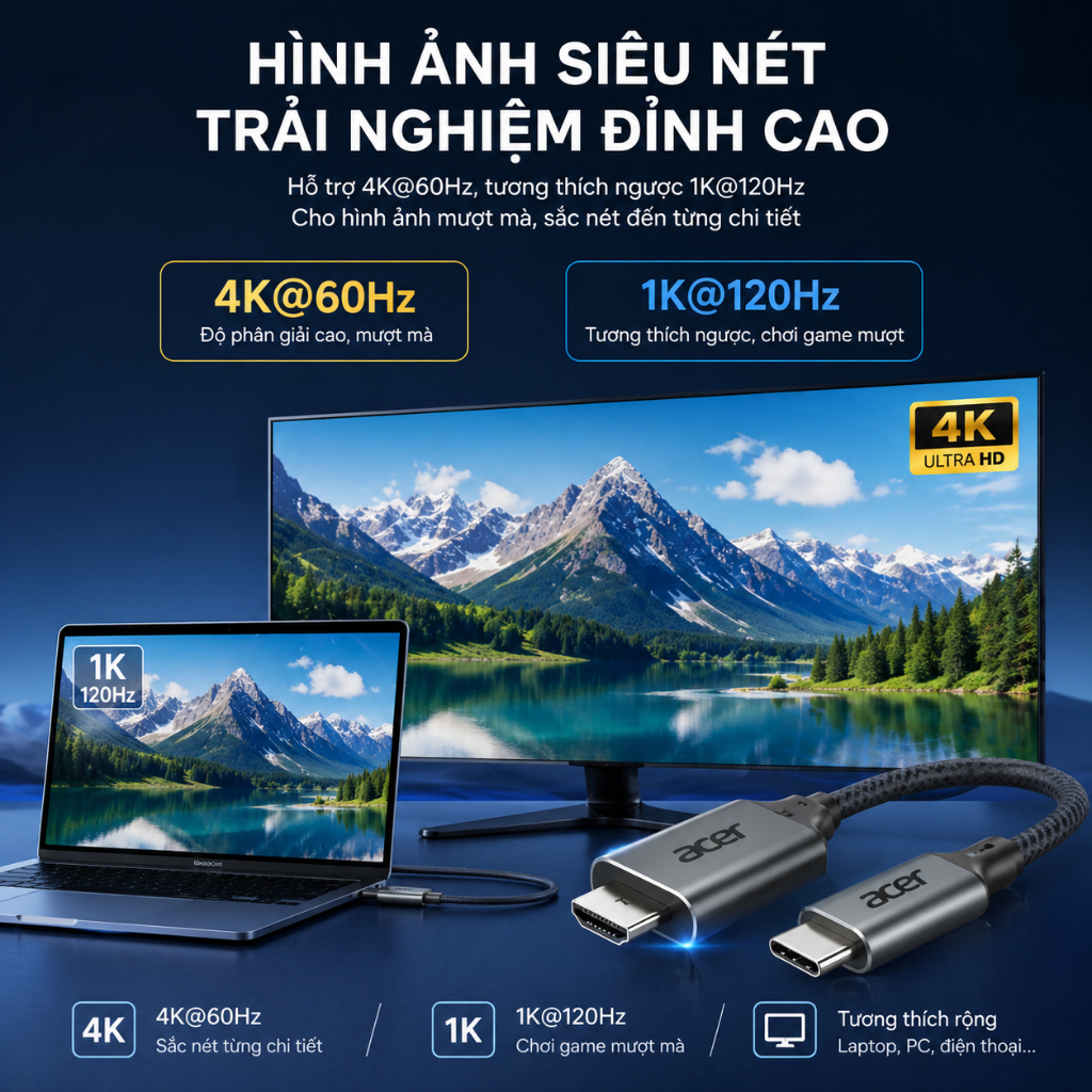 Acer Cáp chuyển đổi USB C sang HDMI 4K 2K 60Hz Type C HD Dây bện tốc độ cao Lõi đồng nguyên chất cho văn phòng tại nhà Tương thích với điện thoại Microsoft Laptop UC412 | BigBuy360 - bigbuy360.vn
