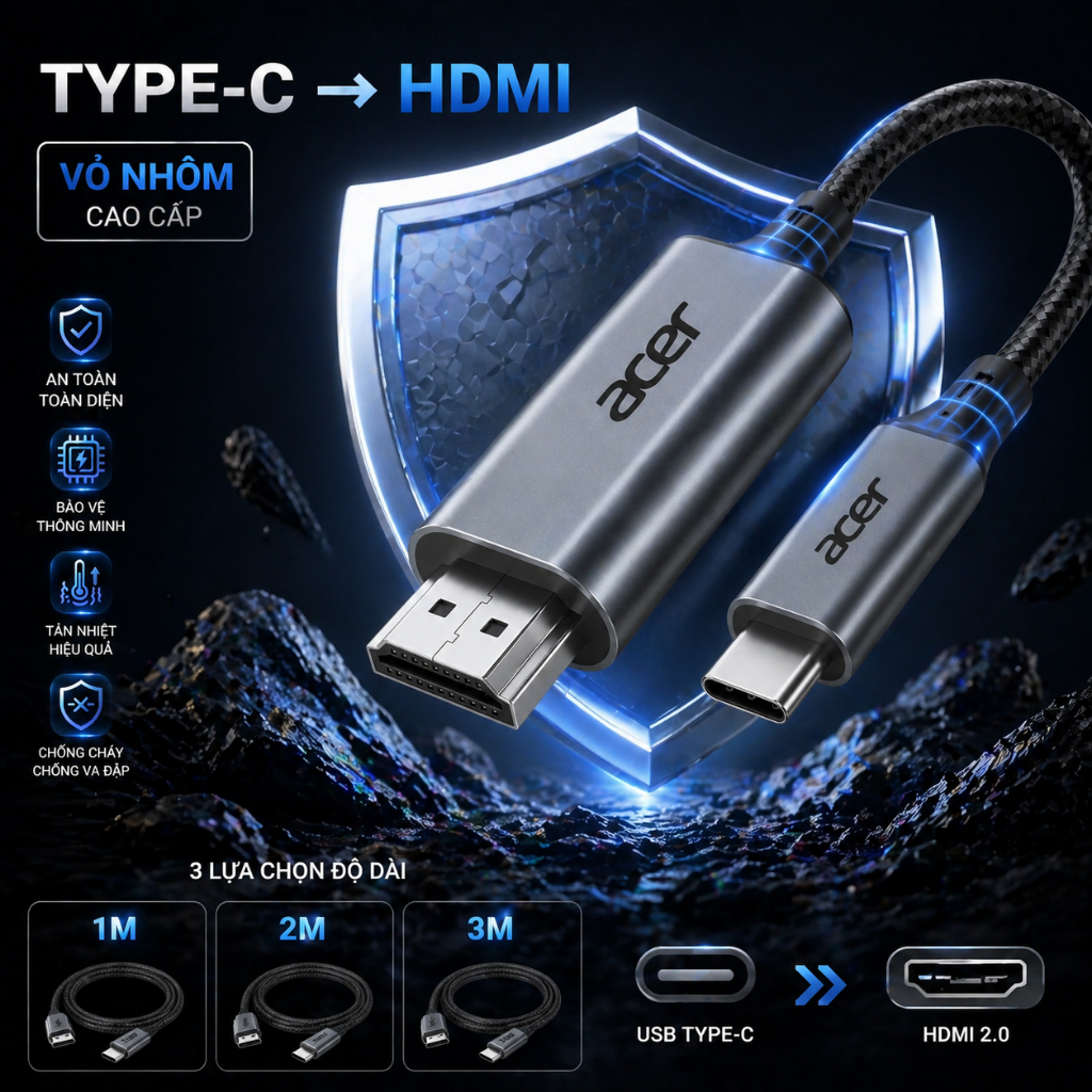 Acer Cáp chuyển đổi USB C sang HDMI 4K 2K 60Hz Type C HD Dây bện tốc độ cao Lõi đồng nguyên chất cho văn phòng tại nhà Tương thích với điện thoại Microsoft Laptop UC412 | BigBuy360 - bigbuy360.vn