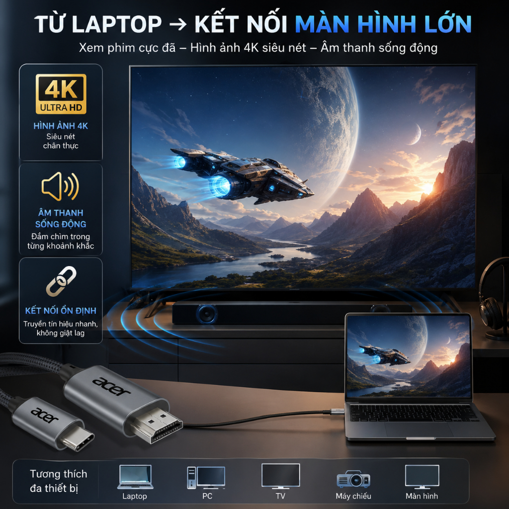Acer Cáp chuyển đổi USB C sang HDMI 4K 2K 60Hz Type C HD Dây bện tốc độ cao Lõi đồng nguyên chất cho văn phòng tại nhà Tương thích với điện thoại Microsoft Laptop UC412 | BigBuy360 - bigbuy360.vn