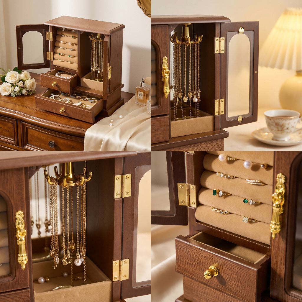 Quả óc chó Gỗ Hộp Trang Sức 2Drawer Tổ Chức Cho Bông Tai Khe Cắm Vòng Cổ Móc Cho Nhẫn Bông Tai Trang Sức Bảo Quản Hộp Quà Tặng