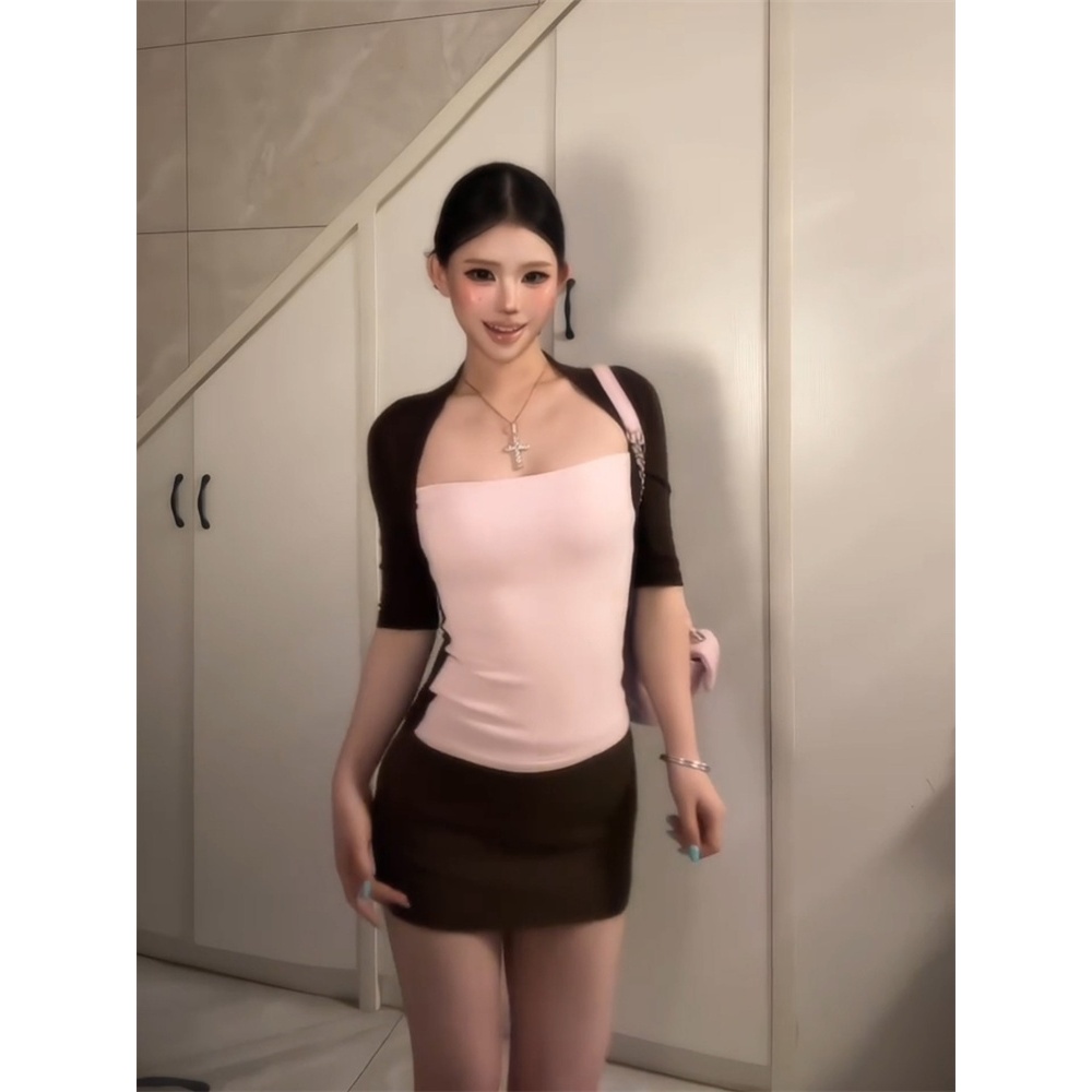 【BANKO】Áo thun ngắn tay cổ vuông màu hồng kiểu Pháp cho nữ