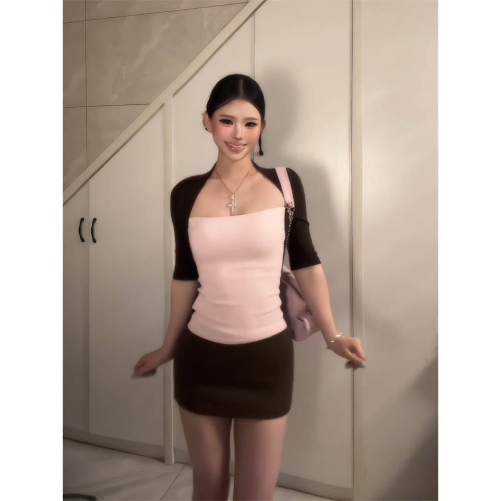 【BANKO】Áo thun ngắn tay cổ vuông màu hồng kiểu Pháp cho nữ