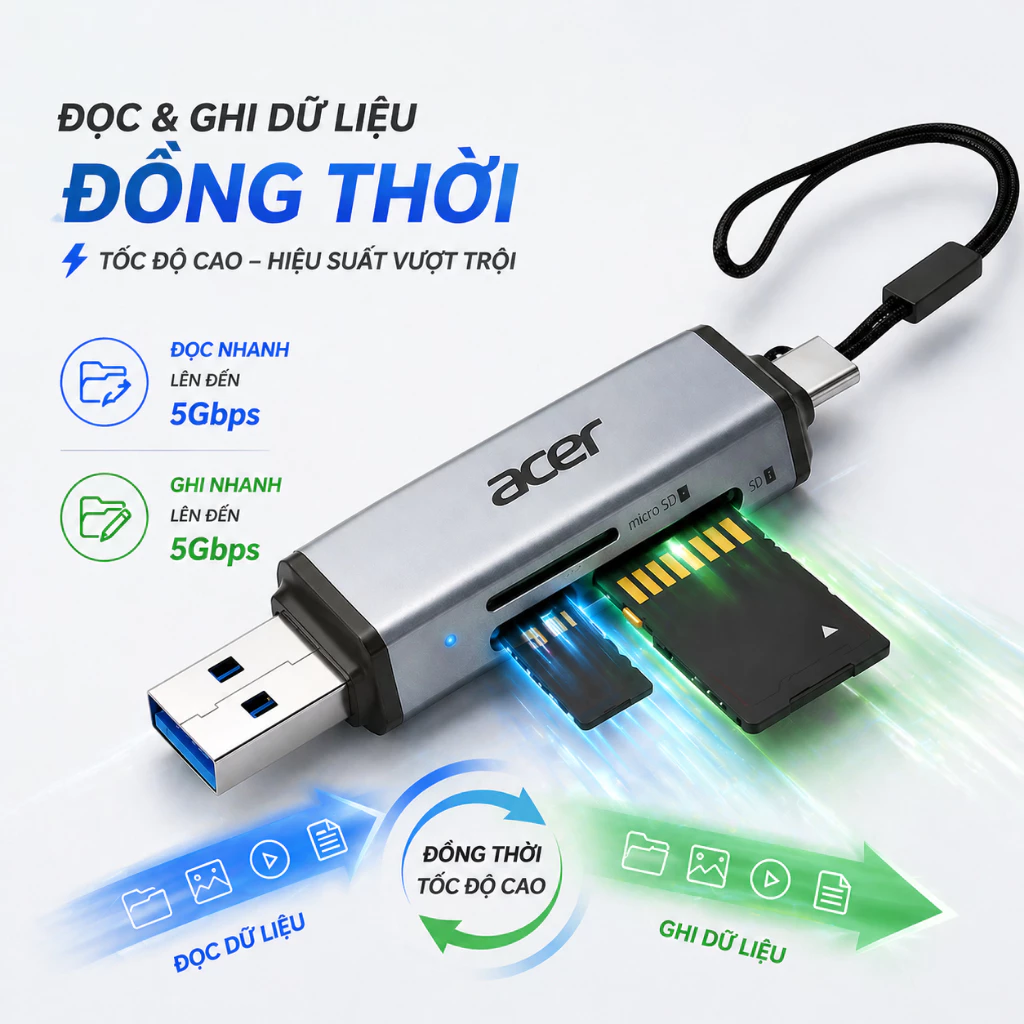 Acer Đầu đọc thẻ 2 trong 1 SD/TF OTG USB C / A Bộ chuyển đổi thẻ nhớ USB 3.0 Type C sang Micro SD Th