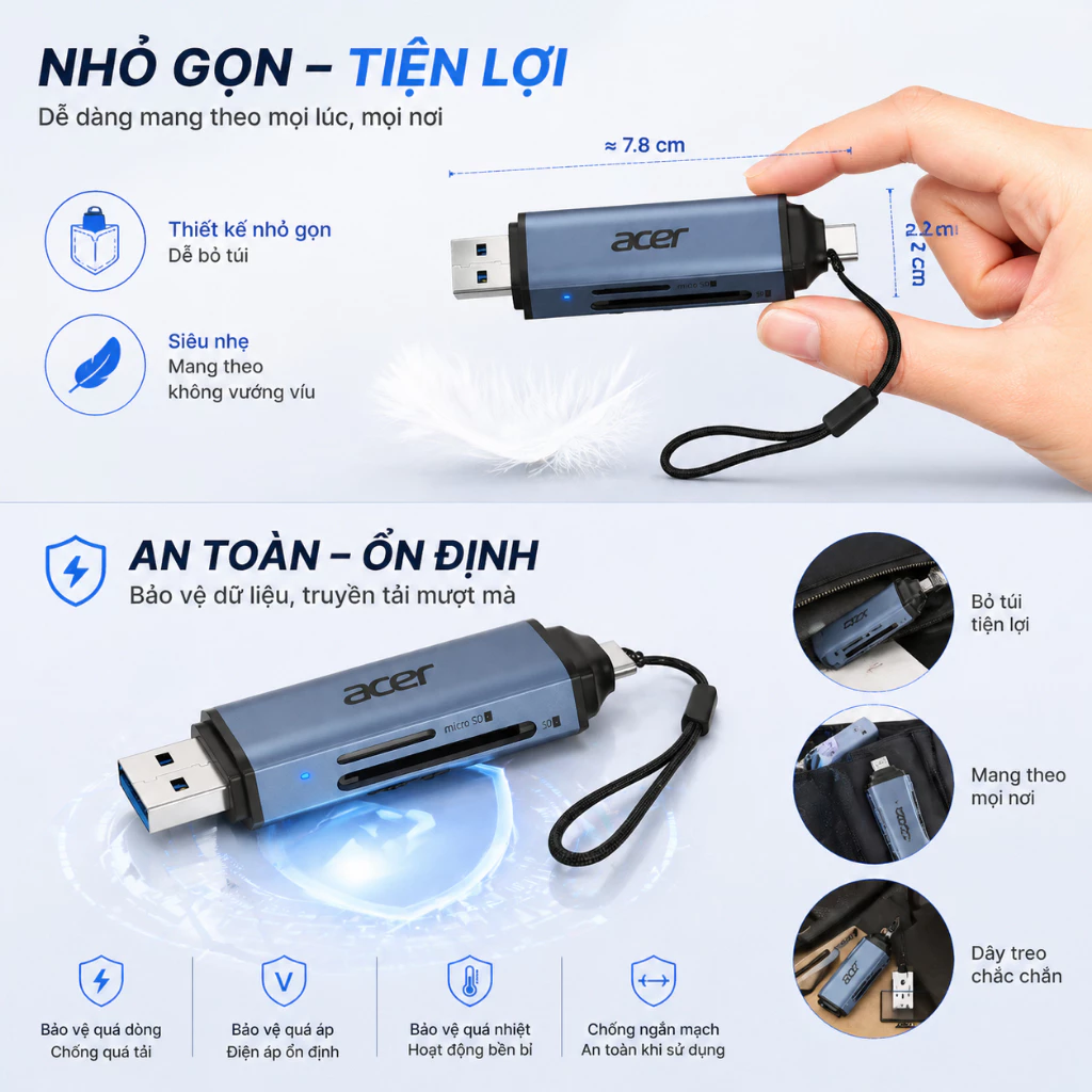 Acer Đầu đọc thẻ 2 trong 1 SD/TF OTG USB C / A Bộ chuyển đổi thẻ nhớ USB 3.0 Type C sang Micro SD Th