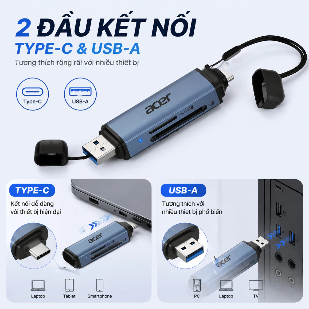 Acer Đầu đọc thẻ 2 trong 1 SD/TF OTG USB C / A Bộ chuyển đổi thẻ nhớ USB 3.0 Type C sang Micro SD Th