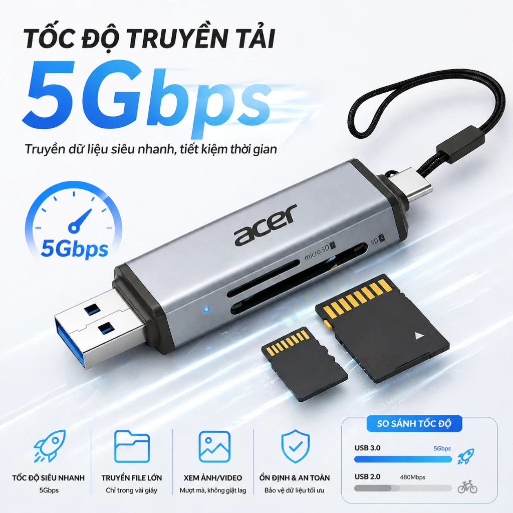 Acer Đầu đọc thẻ 2 trong 1 SD/TF OTG USB C / A Bộ chuyển đổi thẻ nhớ USB 3.0 Type C sang Micro SD Th
