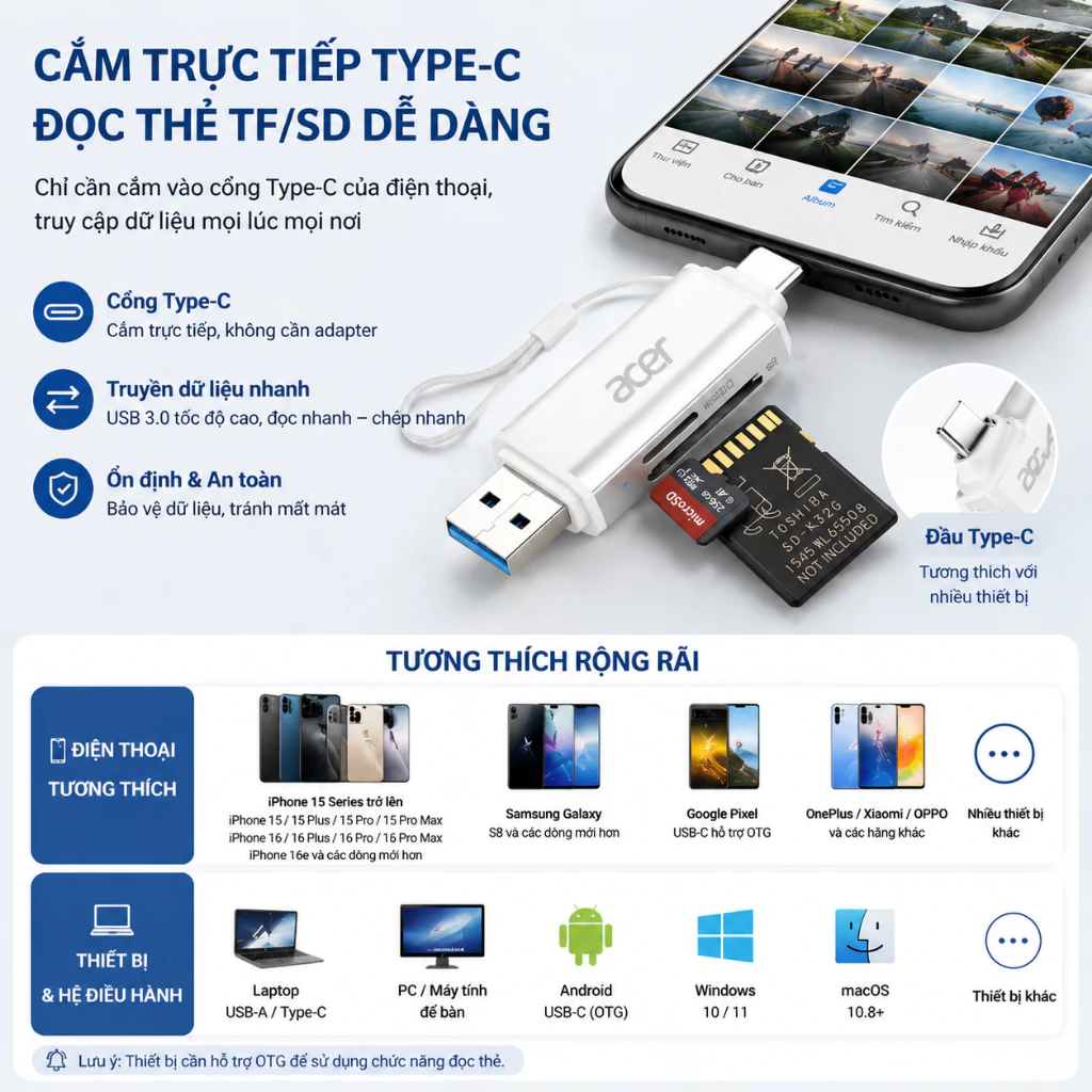 Acer Đầu đọc thẻ 2 trong 1 SD/TF OTG USB C / A Bộ chuyển đổi thẻ nhớ USB 3.0 Type C sang Micro SD Th