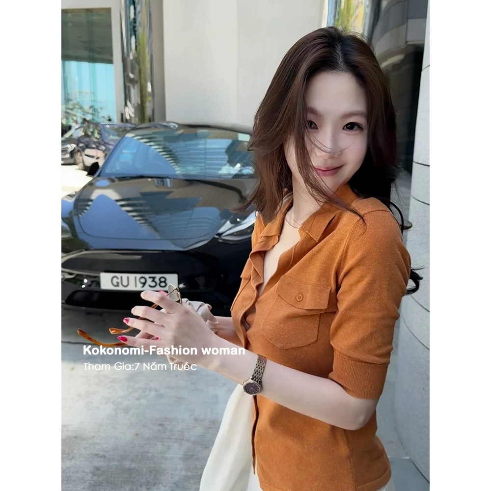 KOKONOMI Áo sơ mi dệt kim giữa tay Top nữ