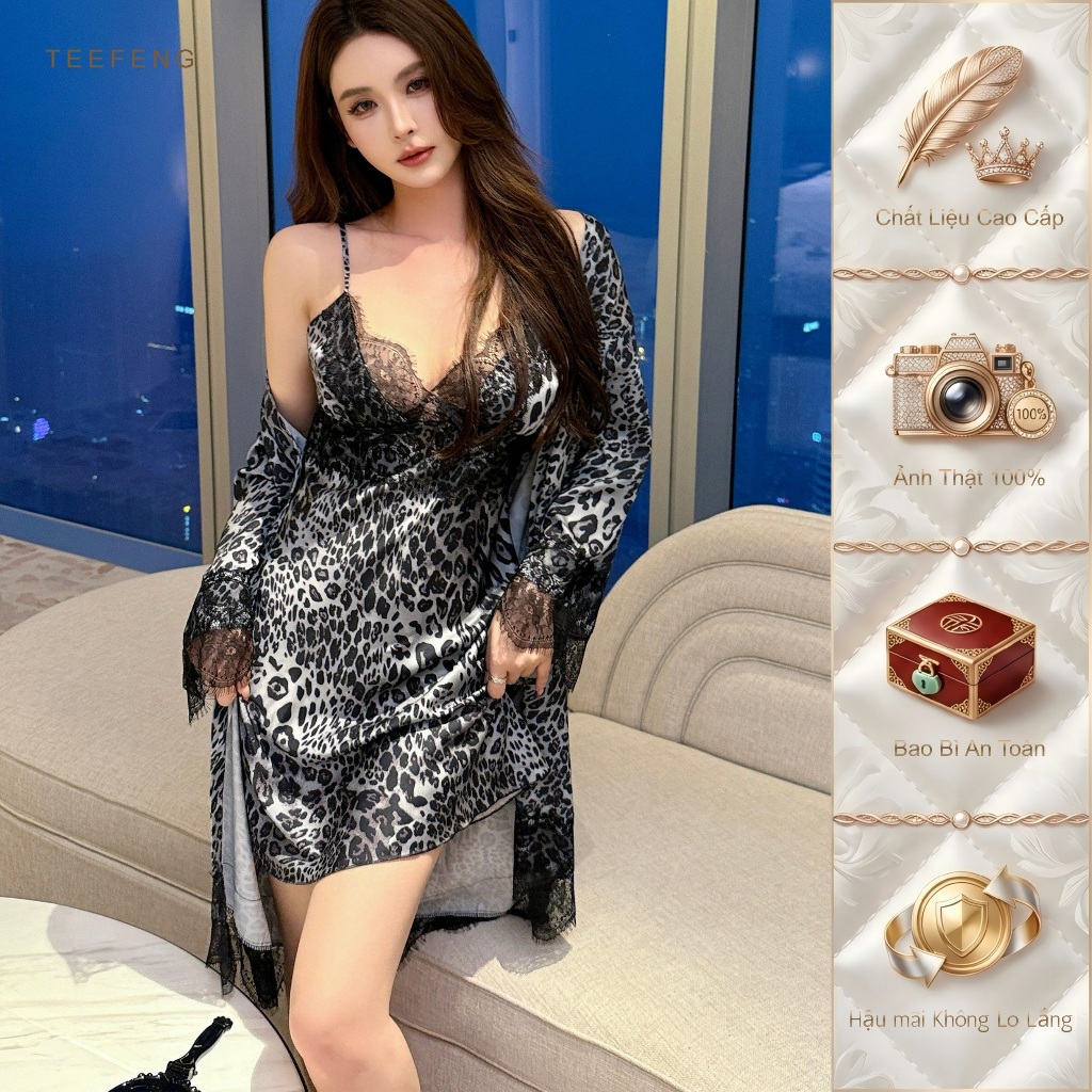 TEEFENG Váy Ngủ Nữ Lụa Cao Cấp Ren Viền Gợi Cảm Họa Tiết Báo Mùa Hè Với Miếng Lót Ngực Mỏng Mặc Nhà