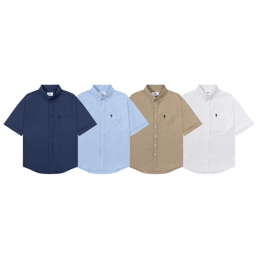 Túi đeo ngực thời trang hợp thời trang Nhãn nhỏ thêu Cotton giản dị màu trơn Áo sơ mi Oxford tay ngắn dáng rộng thả