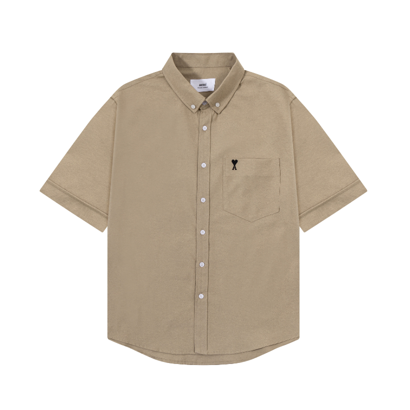 Túi đeo ngực thời trang hợp thời trang Nhãn nhỏ thêu Cotton giản dị màu trơn Áo sơ mi Oxford tay ngắn dáng rộng thả