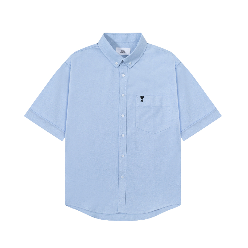 Túi đeo ngực thời trang hợp thời trang Nhãn nhỏ thêu Cotton giản dị màu trơn Áo sơ mi Oxford tay ngắn dáng rộng thả