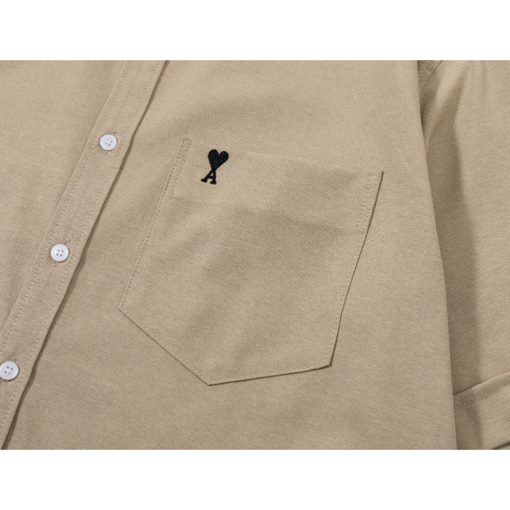 Túi đeo ngực thời trang hợp thời trang Nhãn nhỏ thêu Cotton giản dị màu trơn Áo sơ mi Oxford tay ngắn dáng rộng thả
