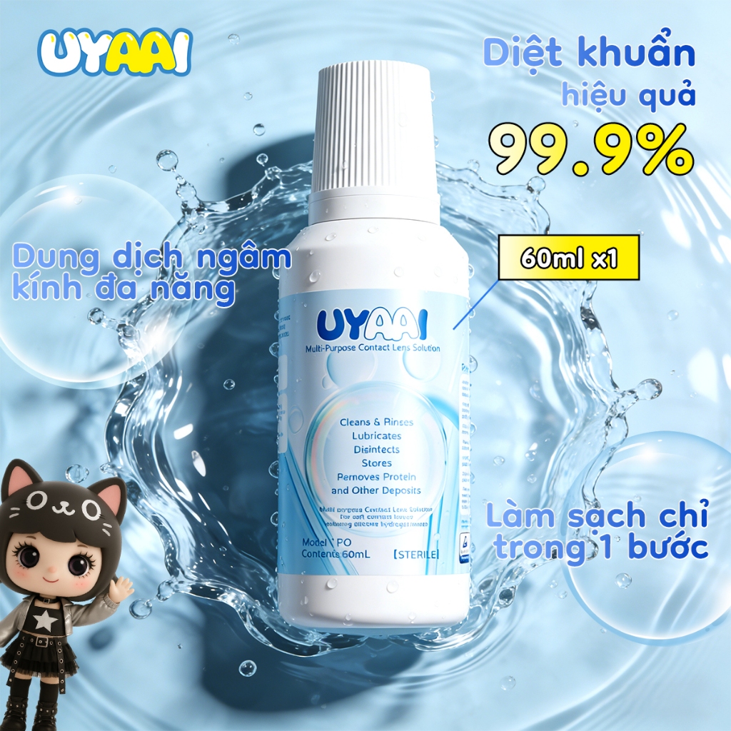 Dung dịch nước ngâm và nước nhỏ mắt UYAAI rửa Kính Áp tròng MCK1 dành cho lens cận, B5 nước ngâm lens