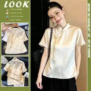 Phong cách Trung Quốc mới cổ điển Jacquard Side Placket Satin dành cho nữ Áo ngắn tay kiểu sườn xám được sửa đổi dành cho nữ
