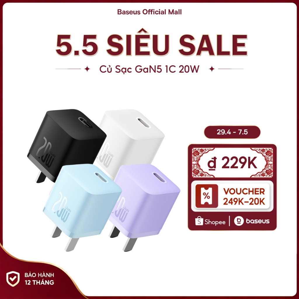 Củ sạc nhanh BASEUS PD 20W GaN5 1C thích hợp cho i14 13 12 pro max - 1