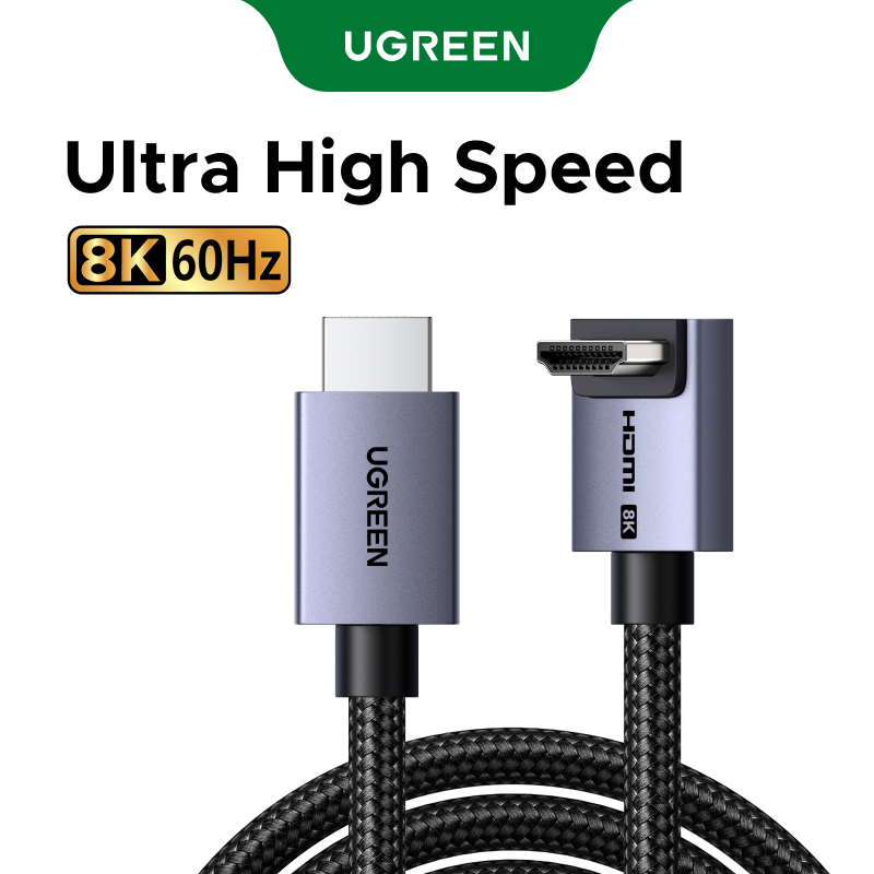 Cáp HDMI 2.1 góc thẳng sang phải UGREEN, 8K @ 60Hz Ultra HD, Vỏ hợp kim nhôm, Dây tròn bện Nylon, Cáp HDMI tốc độ cao cho TV, màn hình, máy chiếu, máy tính xách tay