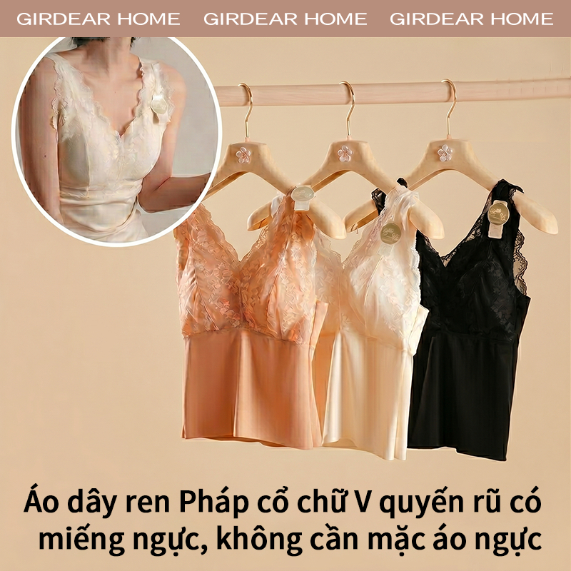 Girdear Home Áo Hai Dây Lụa Mát Nữ Ren Pháp Cổ V Thanh Lịch Có Mút Ngực Latex Sẵn Áo Lót Trong Mùa Hè,7611EB03