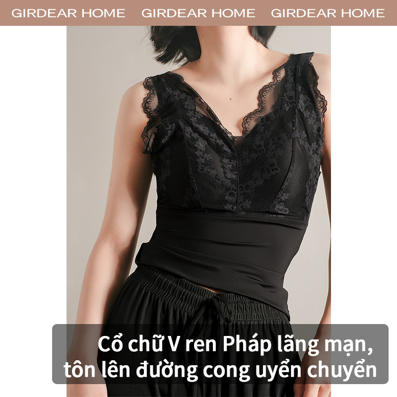 Girdear Home Áo Hai Dây Lụa Mát Nữ Ren Pháp Cổ V Thanh Lịch Có Mút Ngực Latex Sẵn Áo Lót Trong Mùa Hè,7611EB03