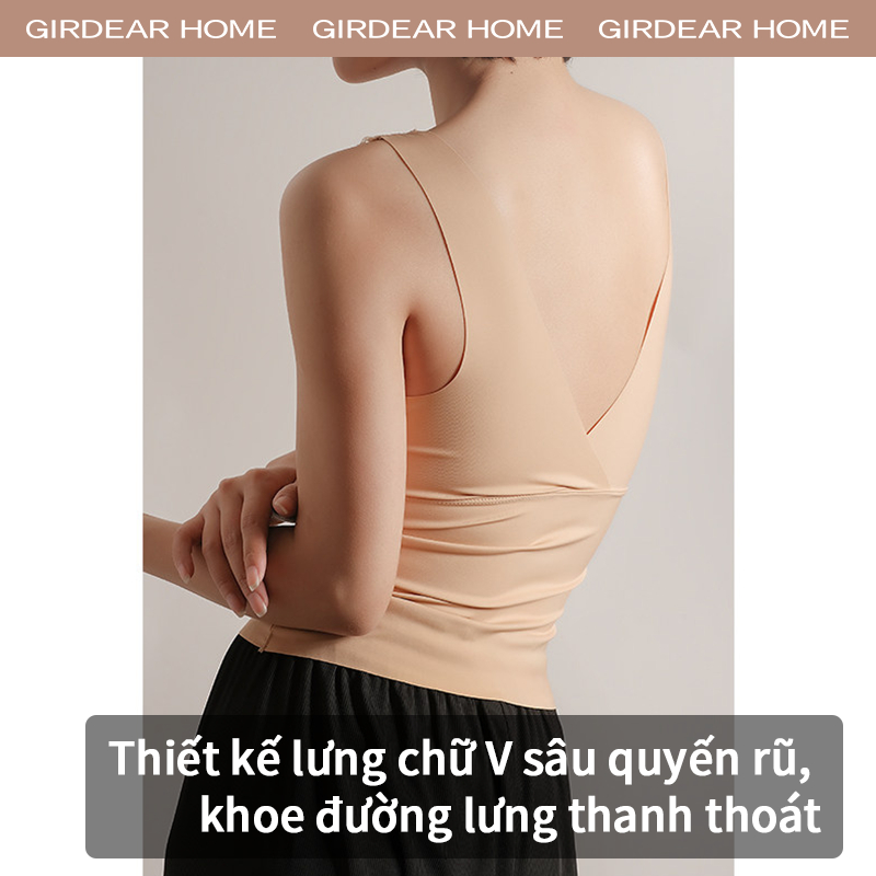 Girdear Home Áo Hai Dây Lụa Mát Nữ Ren Pháp Cổ V Thanh Lịch Có Mút Ngực Latex Sẵn Áo Lót Trong Mùa Hè,7611EB03