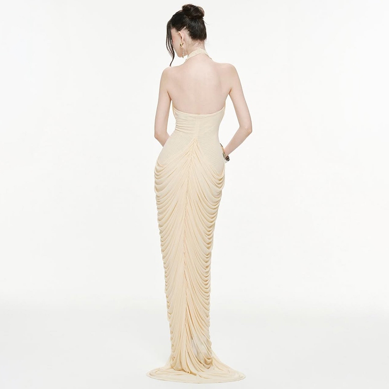 Cutenew Xếp Chồng Slim Maxi Váy Hông Cổ Chữ V Lưng Nữ Mùa Hè Pháp Phong Cách Thanh Lịch