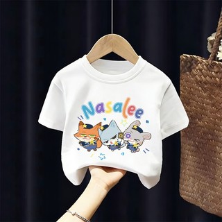 [Giao hàng trong ngày] Áo thun Cotton trắng nguyên chất thoáng khí in hình động vật bé trai 3-16 tuổi bé gái tay ngắn thông thường