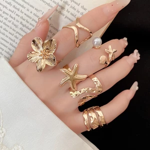 Bộ nhẫn 6 mảnh mạ vàng phong cách đại dương có hoa, sao biển & vỏ thiết kế nhẫn có thể xếp chồng lên nhau cho nữ